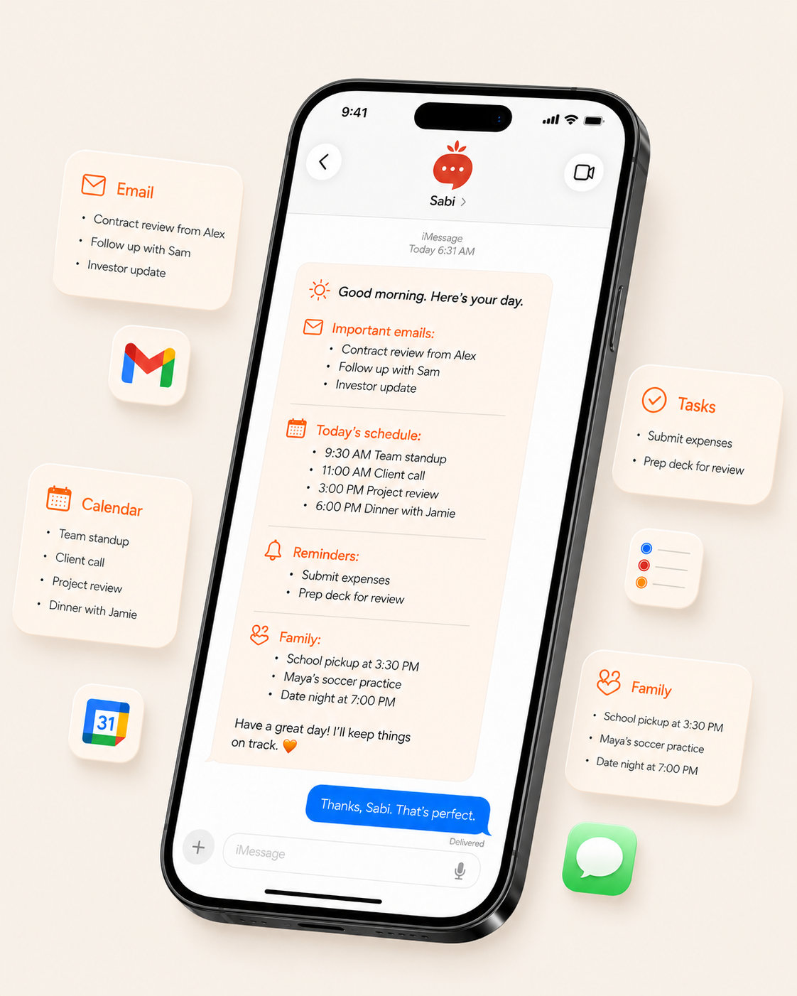 Sabi AI assistant showing a morning iMessage summary with email, calendar, tasks, and family priorities